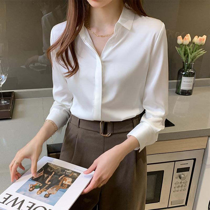 2026 Spring New Satin Long-Sleeve Shirt for Women, Elegant Chiffon Blouse, Ladies' Casual Solid Color Top