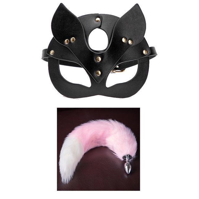 Erotic SM Role-Playing Mask & Metal Butt Plug Tail for Couples: Female Slave Training & Punishment