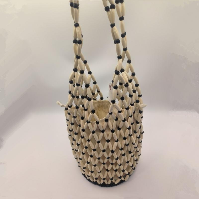 

2025 New Design Summer Handmade Lady Wooden Bead Woven Tote Bag Hollow-out Shoulder Bag Travel Beach Underarm Bucket Bag Handbag бежевый