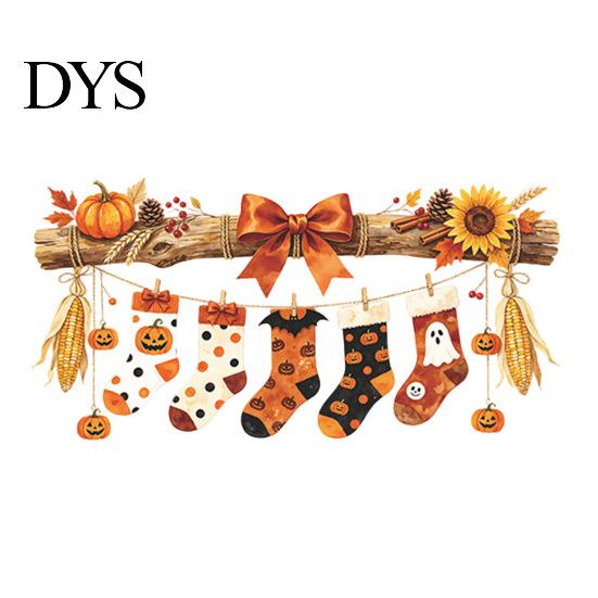Autumn Theme Party Decor Halloween Hanging Socks Window Stickers, Decorative Branch Pumpkin Popcorn & Bow Decals for Glass Stickers Harvest
