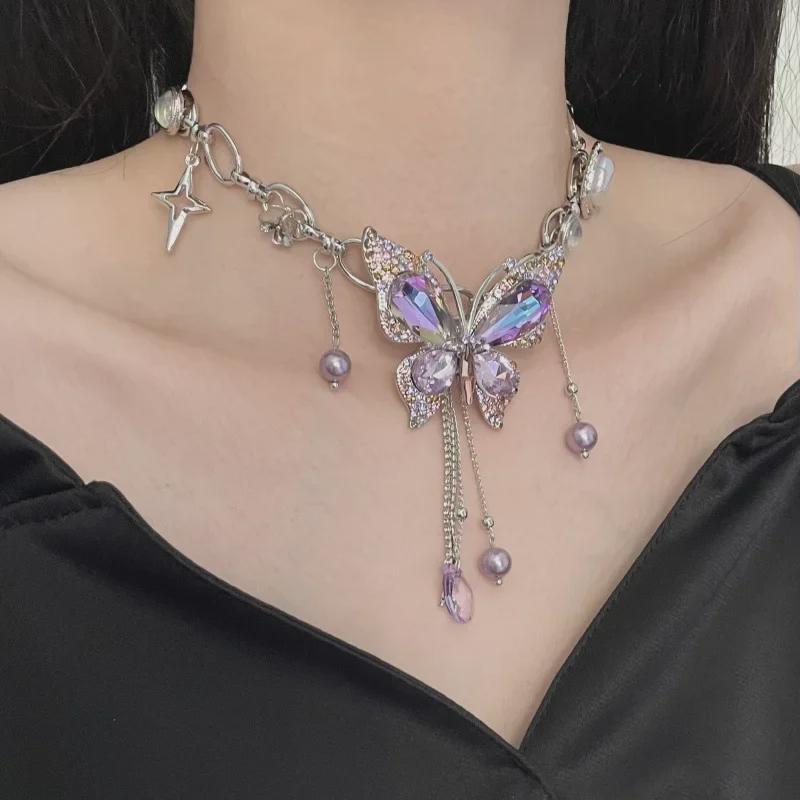 Elegant Purple Diamond Butterfly Tassel Necklace - Trendy Sweet Cool Design