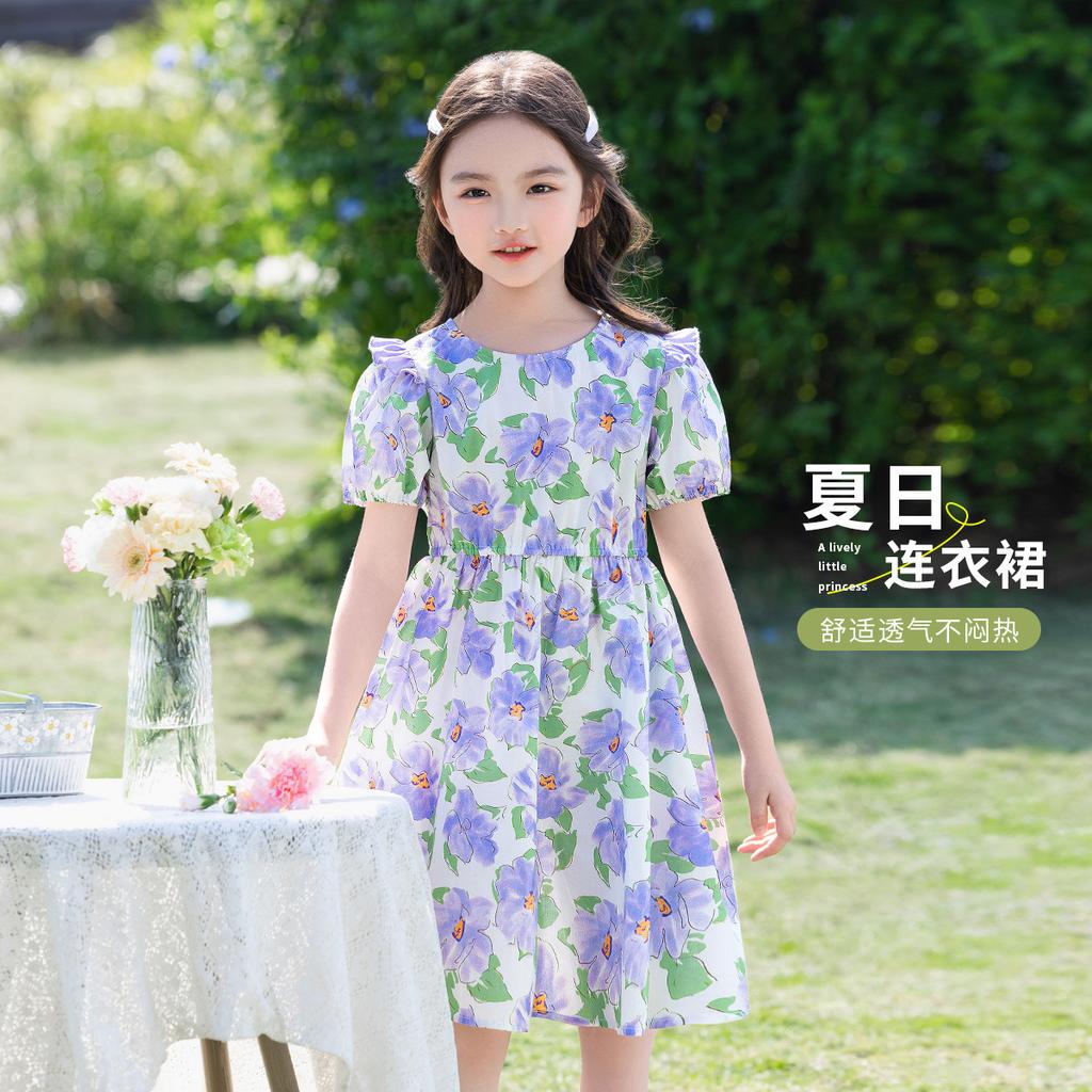 Summer Thin Cotton Fresh Floral Dress for Girls, Stylish and High-end, with Lantern Sleeves for Big Children