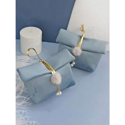 1Pc 5cm*15.5cm*9.5cm Faux Pearl and Pompom Decorative Gift Bag, Jewelry Storage Bag, Cosmetic Travel Bag, Pink Polyester Gift Wrapping Bag