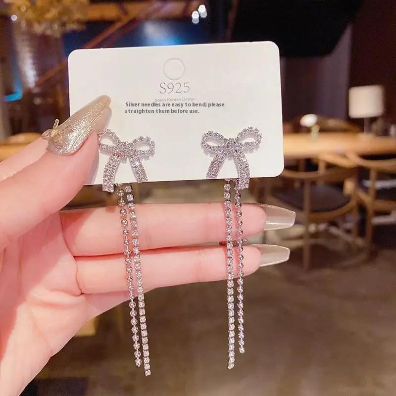 1 Pair Dangle Earrings Bowknot Shape Shining Rhinestones Lady Earrings Heart Imitation Pearls Tassel Jewelry Accessory