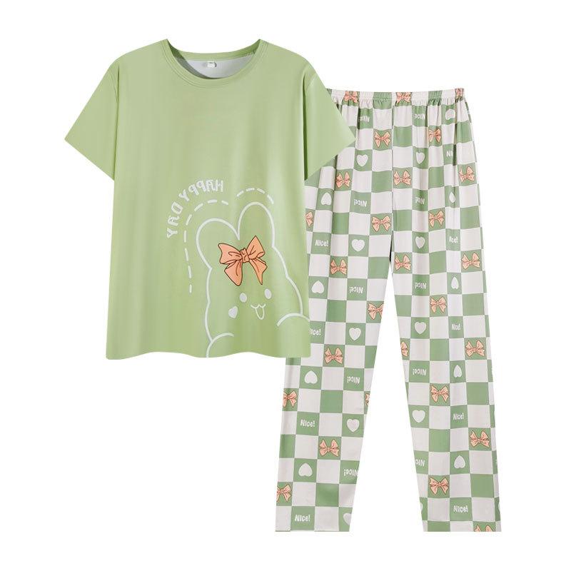 Cartoon pajamas women's summer short sleeves small fresh plaid control round neck loungewear high-quality imitation cotton casual suit