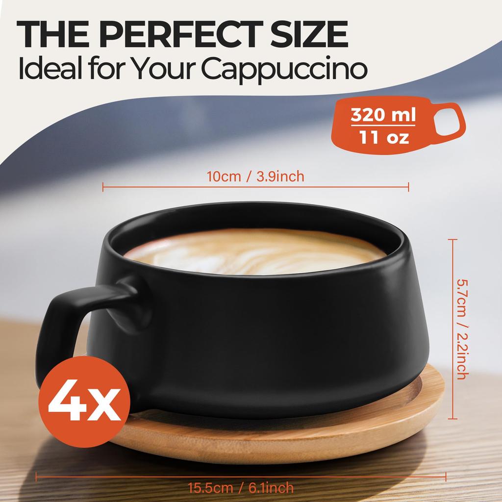 MIAMIO Coffee Cup Saucer Set x Elegant and Modern Stoneware Coffee Set of Luxe Collection - & (320ml 4) - Mugs, 4, (Black)