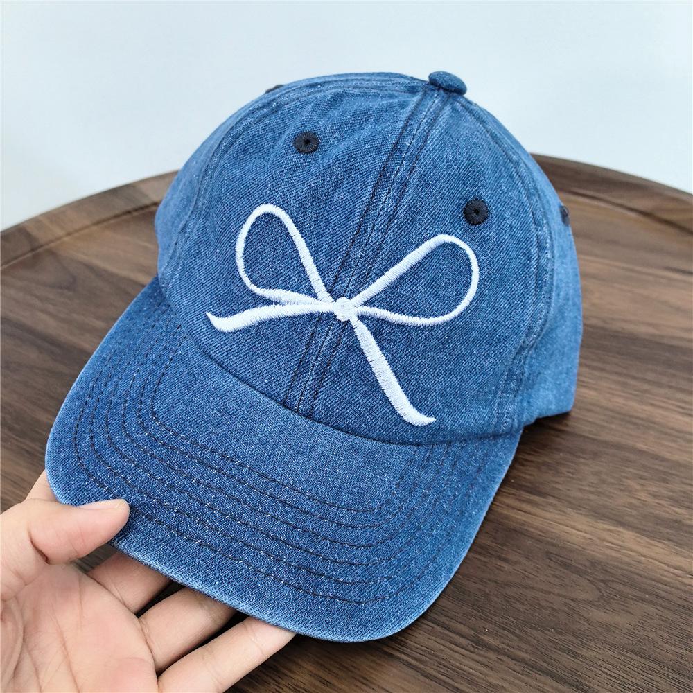 Chic Denim Baseball Cap with Bowknot & Embroidered Lettering - Adjustable, Sun-Protective Dad Hat for Women