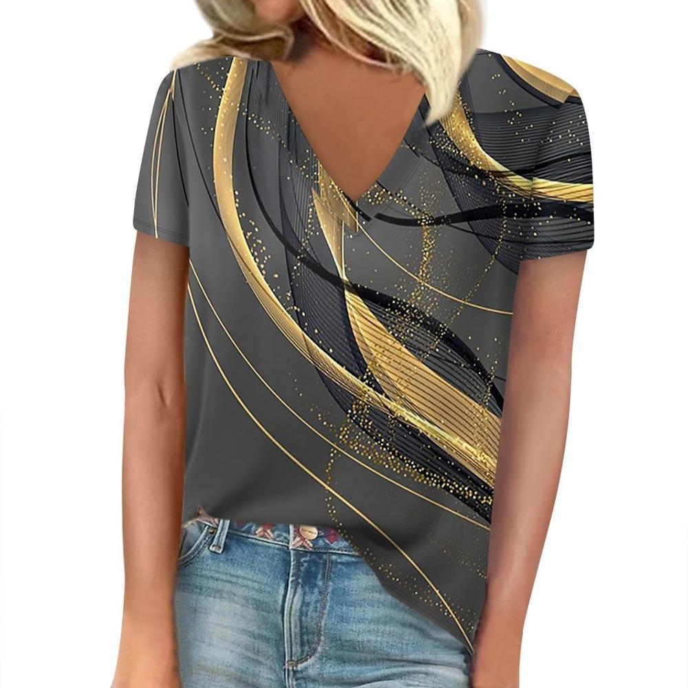 T-shirt women's summer leisure elegant v-neck short sleeves gradient texture pattern top loose casual wear ladies T-shirt