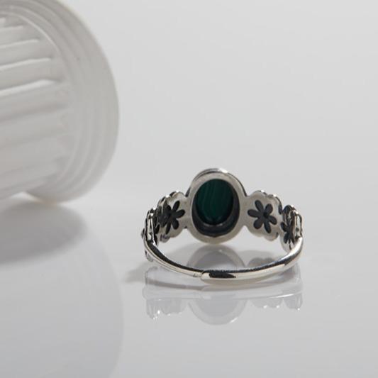 Vintage Thai Silver Egg Surface Colored Treasure Ring S925 Sterling Silver Inlaid With Natural Malachite Flowers Light Luxury Ring Women