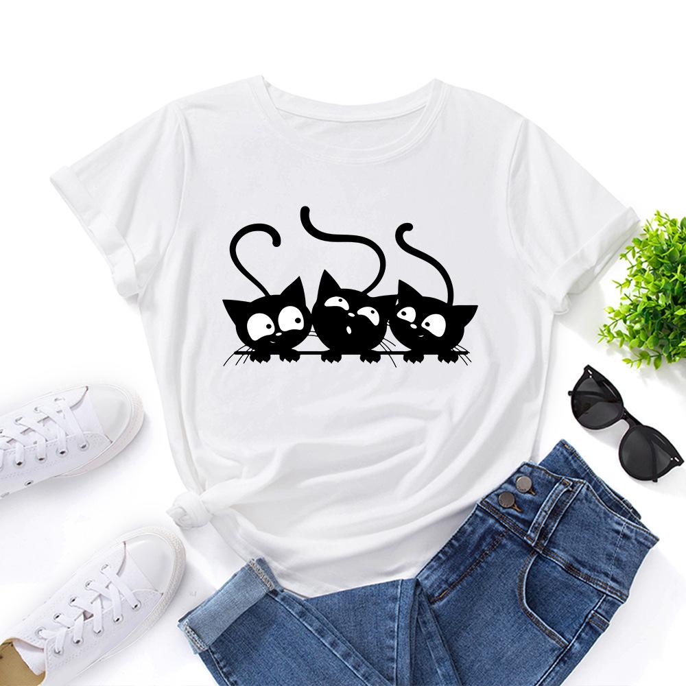 Cotton T-Shirt Short Sleeve Round Neck Women 2d Print Tops