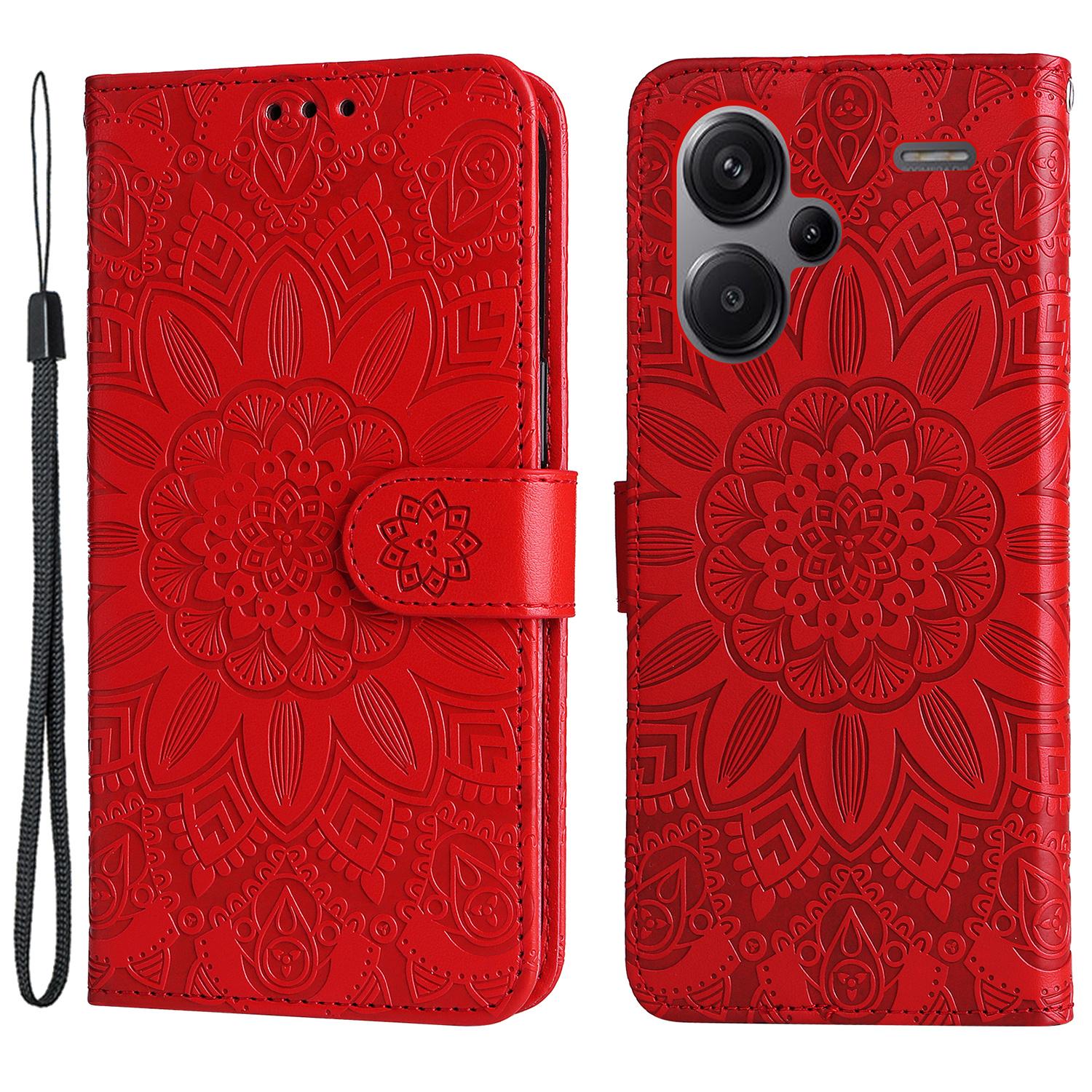 

For Xiaomi Redmi Note 13 Pro+ 5G Leather Case Wallet Cover Stand with Strap,Sunflower Pattern Red