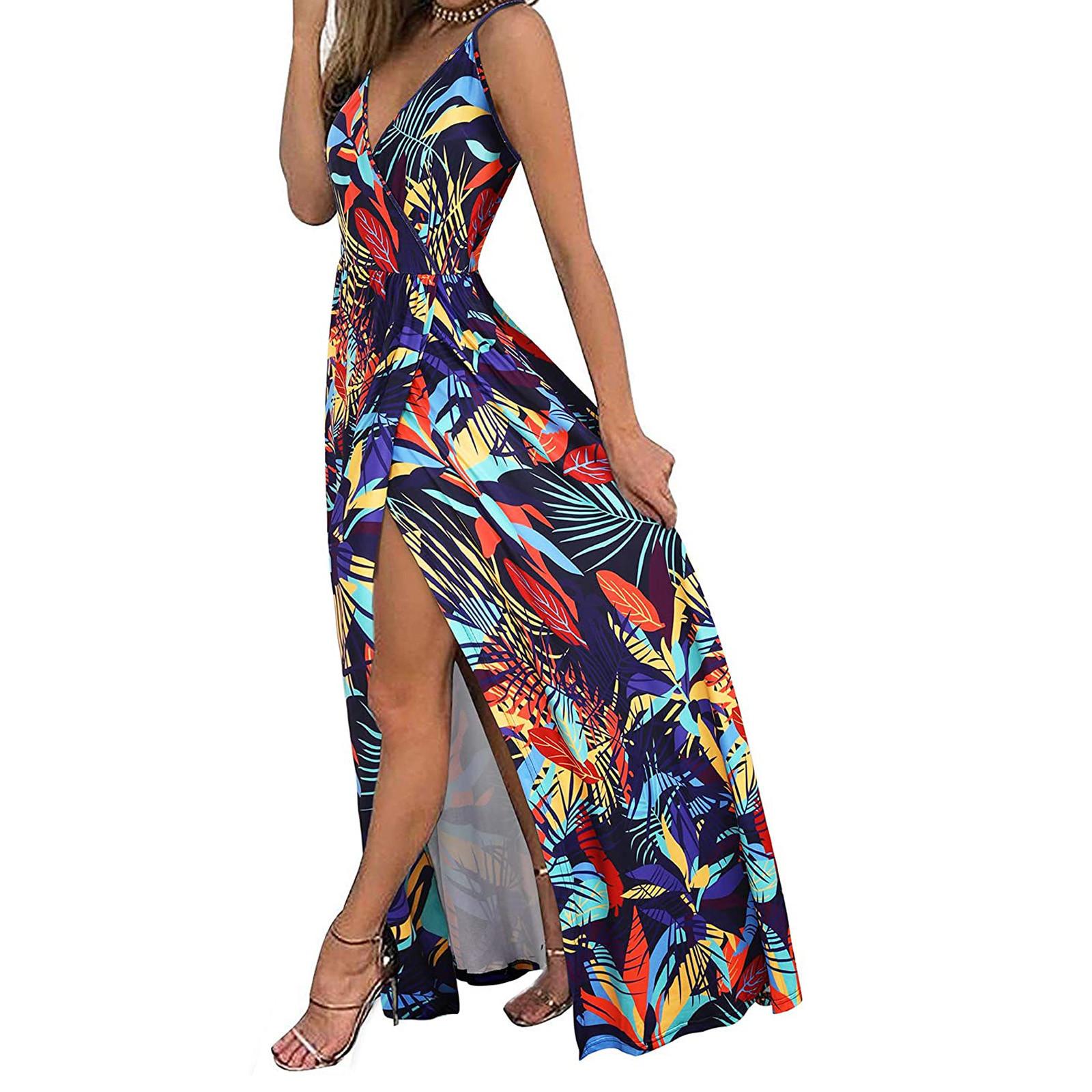 

Женское модное сексуальное платье на бретельках без рукавов с v-образным вырезом и открытой спиной с принтом и разрезом L красный