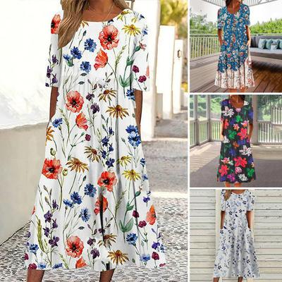 Women Dress Floral Print O Neck Short Sleeve A-line Pockets Loose Hem Mid-calf Length Soft