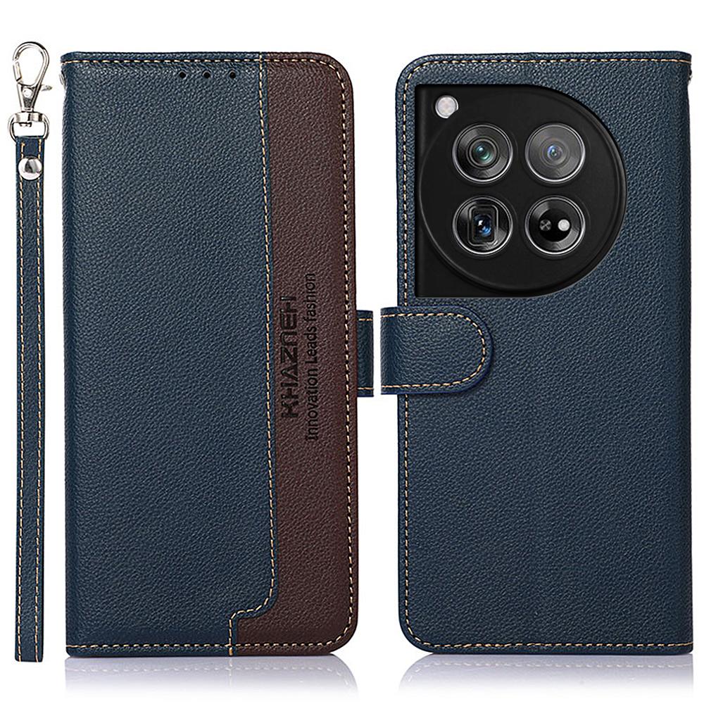 

KHAZNEH For OnePlus 12 5G PU Leather Phone Cover Litchi Texture Flip Stand RFID Blocking Case Blue