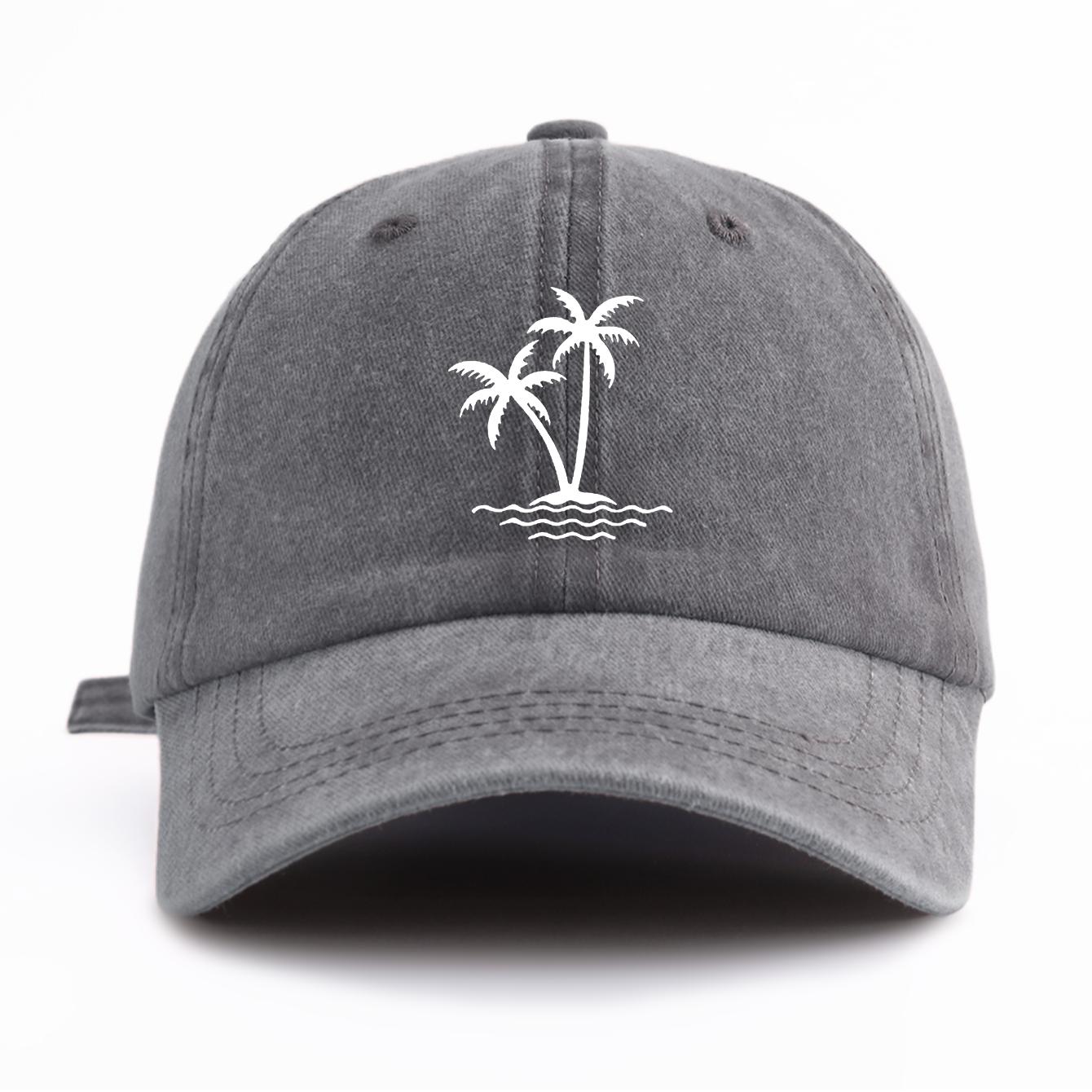 

1pc Coconut Tree Print Washed Baseball Cap for Adults, Minimalist Retro Style Casual Soft Adjustable Dad Hat, Perfect As Gift серый