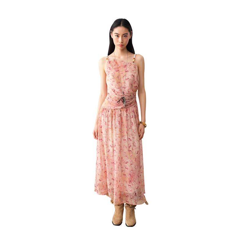Tencel Floral Asymmetric Shoulder Midi Dress