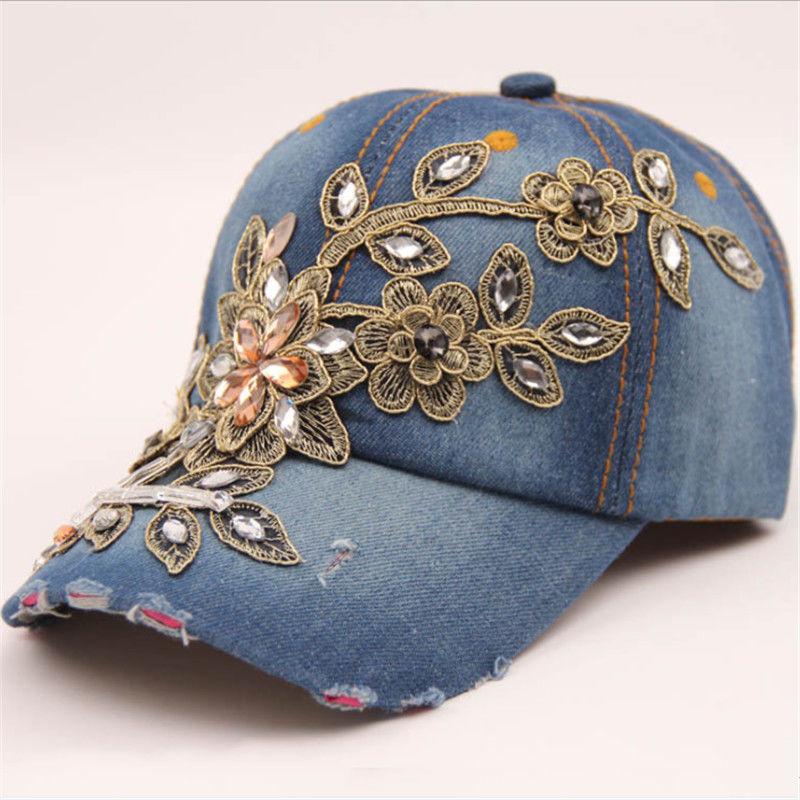 Fashion Hat Women's Diamond Golden Silk Flower Denim Baseball Cap Fashion Outdoor Shade Sun Protection Cap Casual Trendy Cap