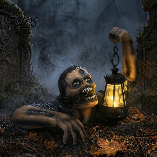 Lighted Zombie Lantern Statues Halloween Creepy Zombie/Skeleton Statue, Resin Horror Figurine Decor, Light Up Ornaments Holding Ornament for