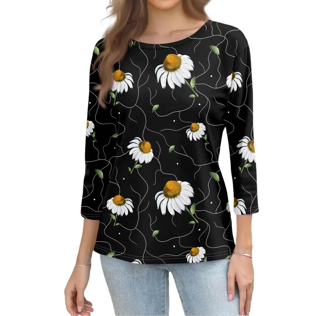 Women’s Casual Floral Print Three Quarter Sleeve Crew Neck Loose Fit Pullover Top for Daily Wear Spring Summer Autumn