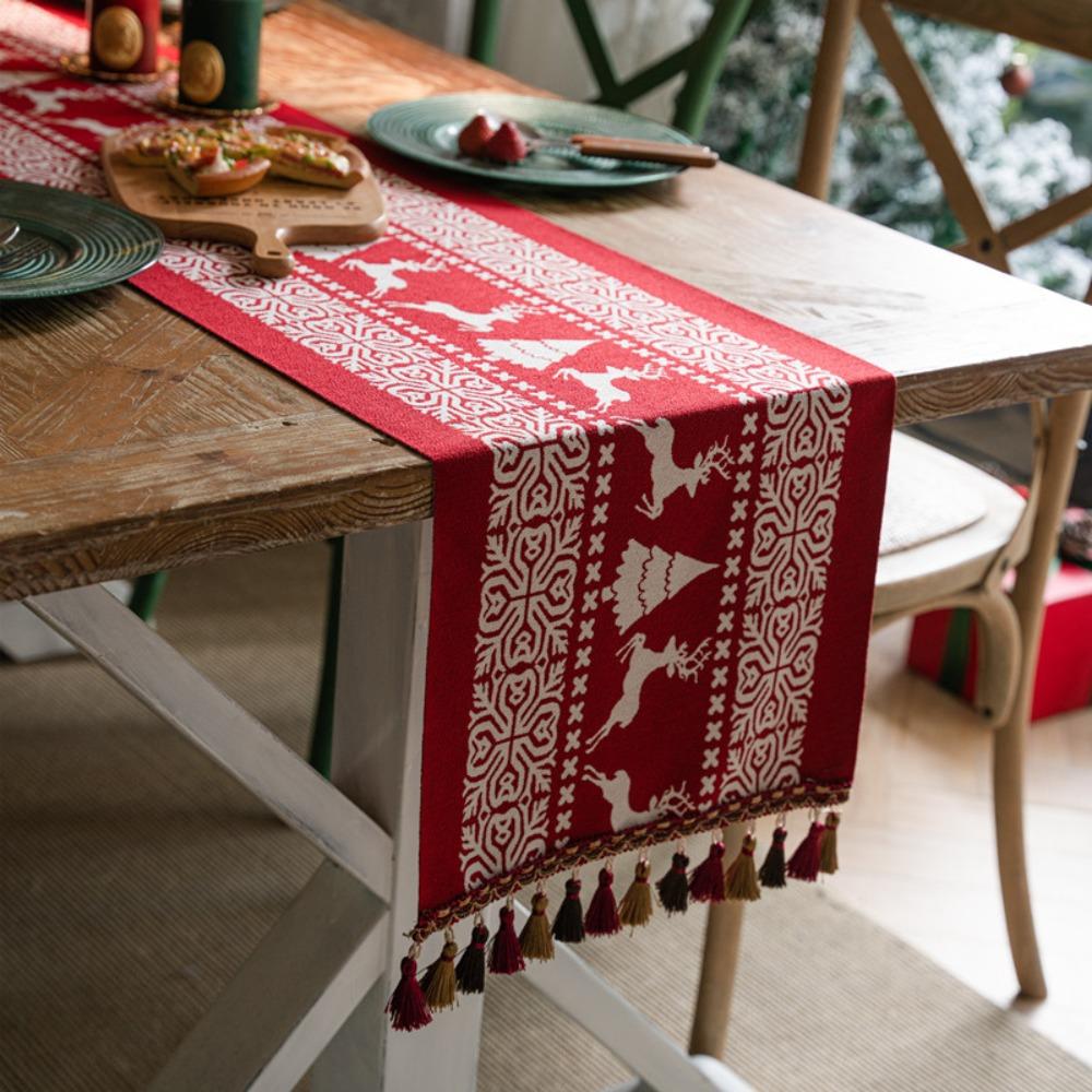 Christmas Snowman Jacquard Table Runner with Fringe Polyester Home Decor Tablecloth Bedspread