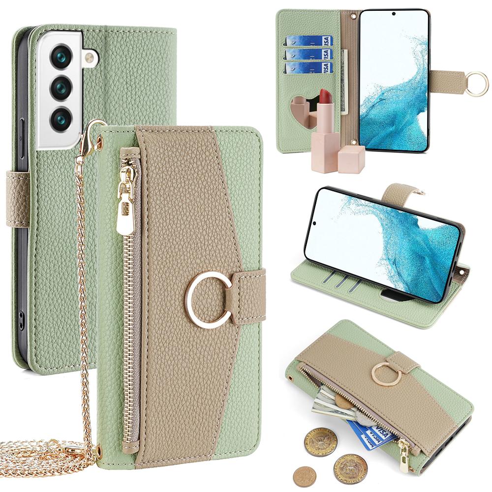

For Samsung Galaxy S22 5G Magnetic Case Leather Zipper Pocket Phone Guard Cover with Finger Ring Green
