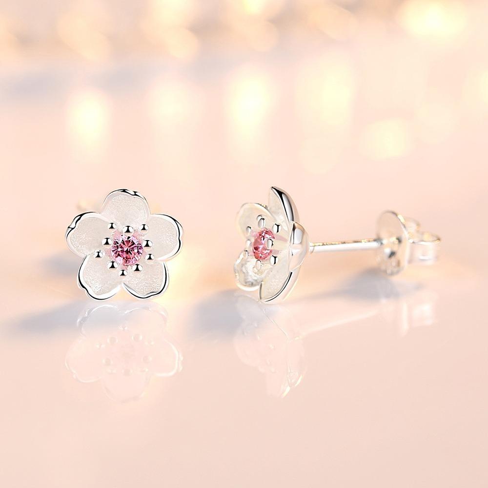 Exquisite Romantic Pink Purple Zircon Five-petaled Flower Piercing Stud Earrings for Women Fashion Cute Daily Jewelry Accessory