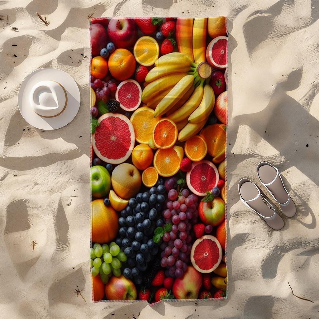 1 pièce, Serviette de plage douce à motif de fruits colorés, Imprimé fruits frais, Serviette de bain en microfibre, Séchage rapide et absorbante