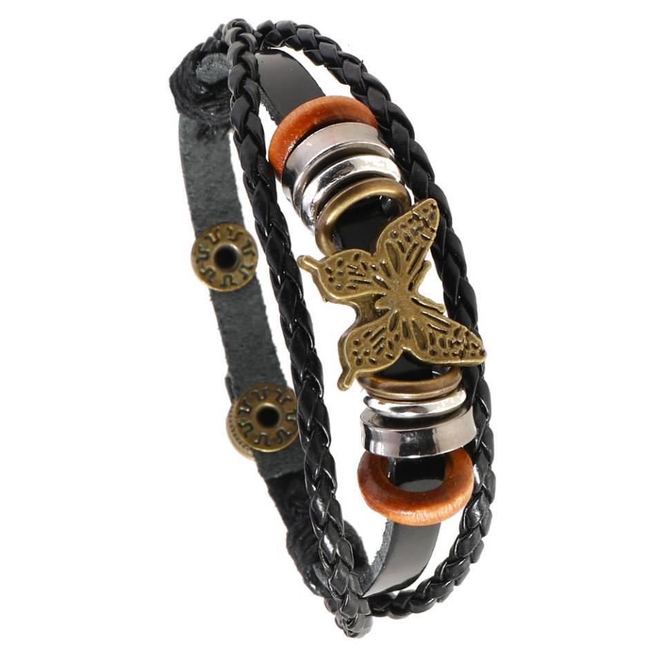 Retro Punk Multi-layer Beaded Leather Bracelet with Butterfly Accent