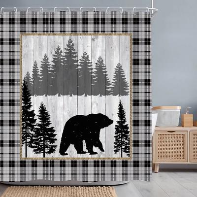 Vintage Brown Bear Shower Curtain Rustic Wooden Panel Texas Star Black and White Check Jungle Fabric Bath Curtain Bathroom Decor