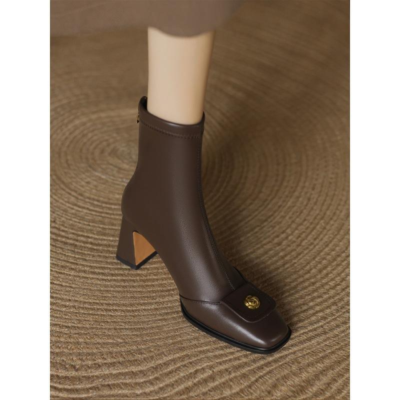 Autumn And Winter Thick Heel Camellia Boots Elastic Thin Boots High Heels Large Size Square Head High Heel Short Boots Women