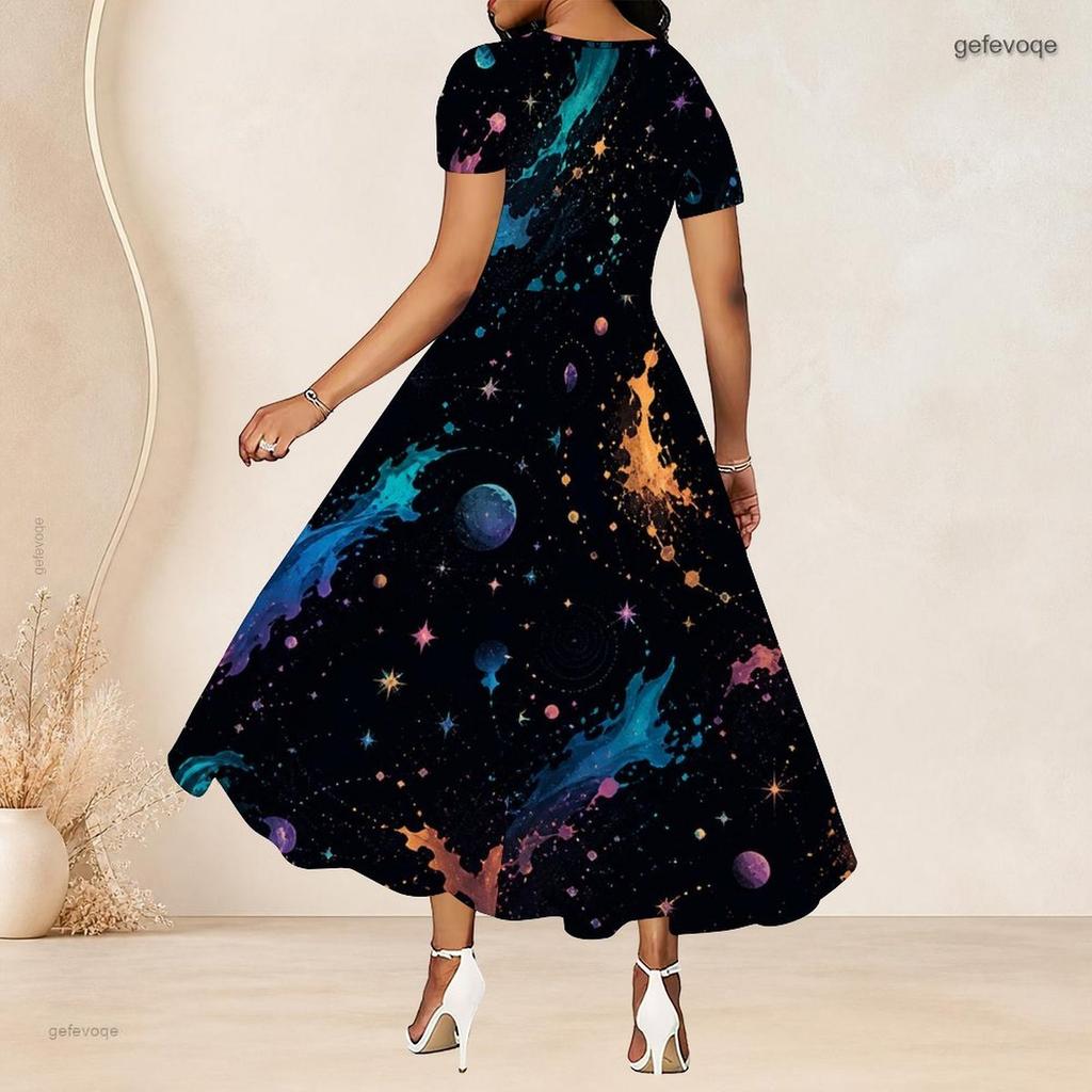 Women Plus Size Round Neck Short Sleeve Gathered Waist Green Gold Leaf Printed A Line Long Dress