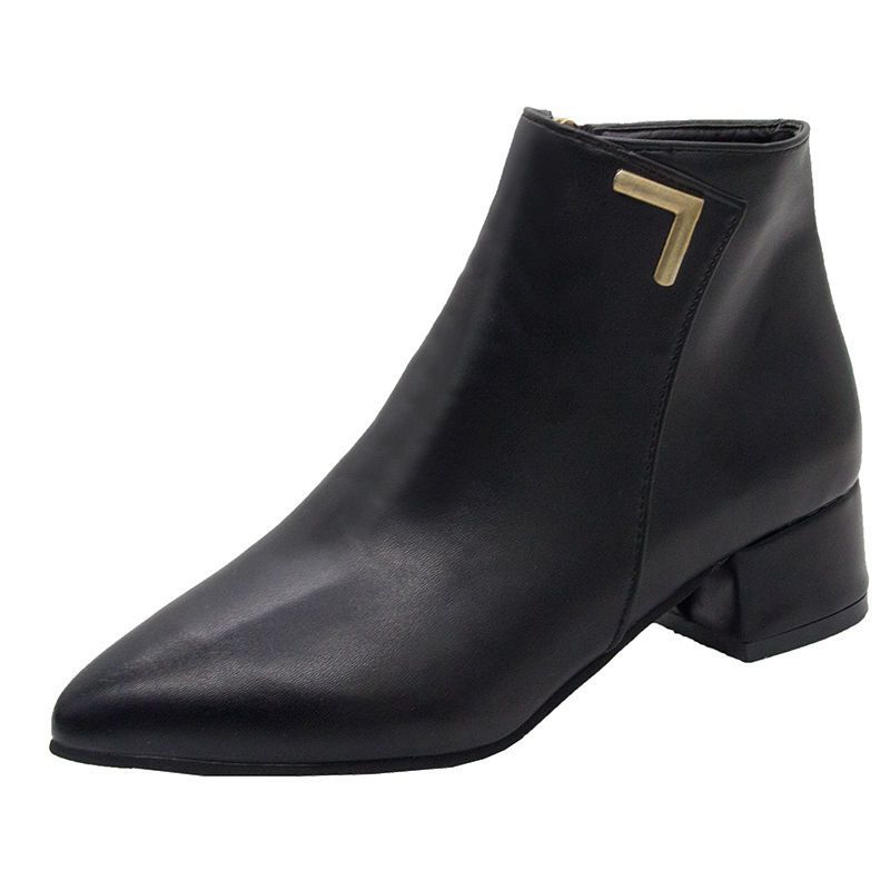 2025 Autumn and Winter New Pointed Toe Bare Boots Thick Heel Thin Leg Martin Boots Women's Velvet Low-top Versatile Women's Short Boots Large Size