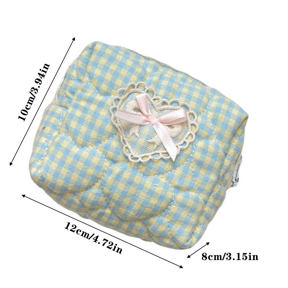 1pc New Checkered Quilted Makeup Bag Small Portable Cosmetic Bag with Lace Heart Bow Makeup Pouch Gift