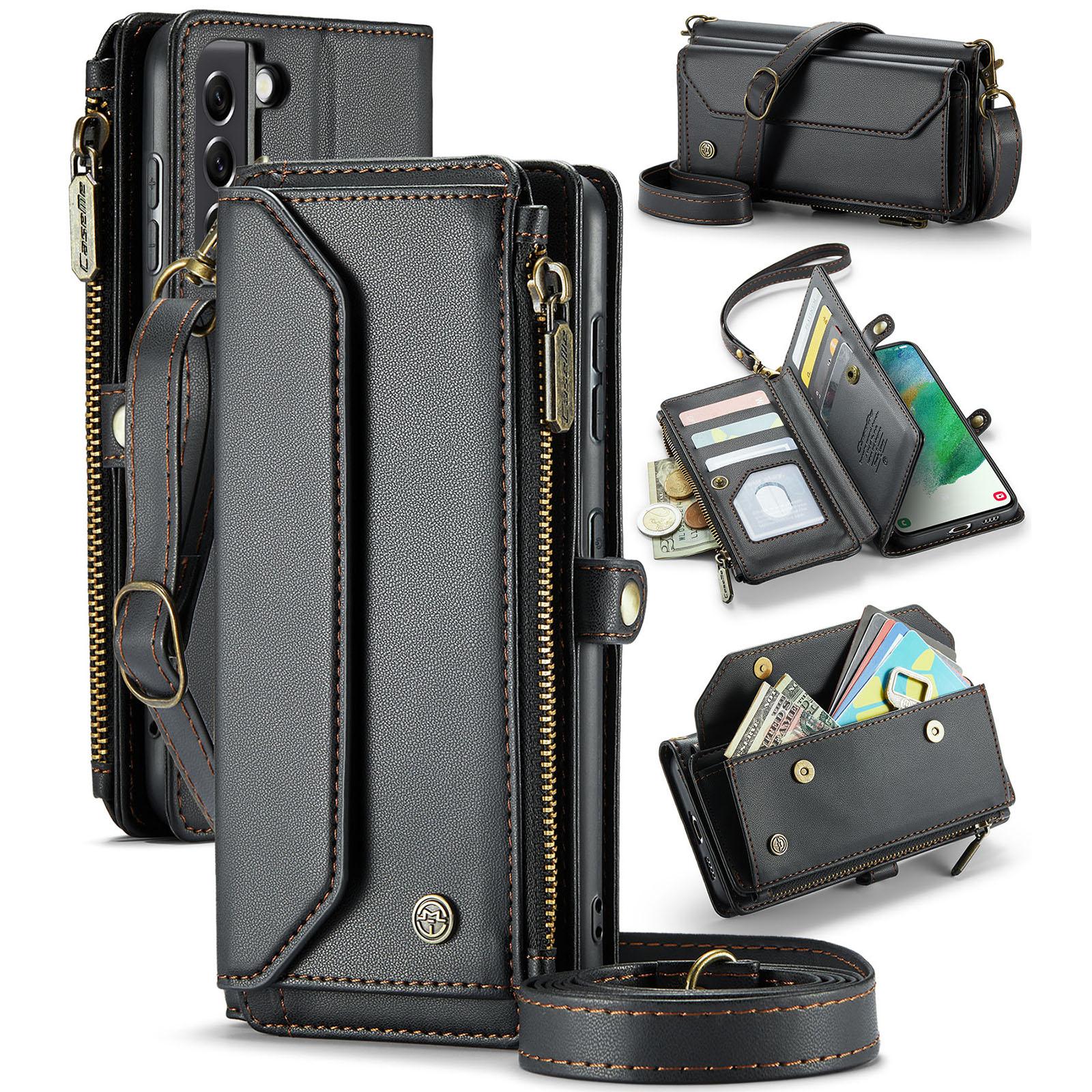 

For Samsung Galaxy S21 FE 5G Leather Case CASEME C36 Zipper Multiple Card Slots Phone Cover with Straps A