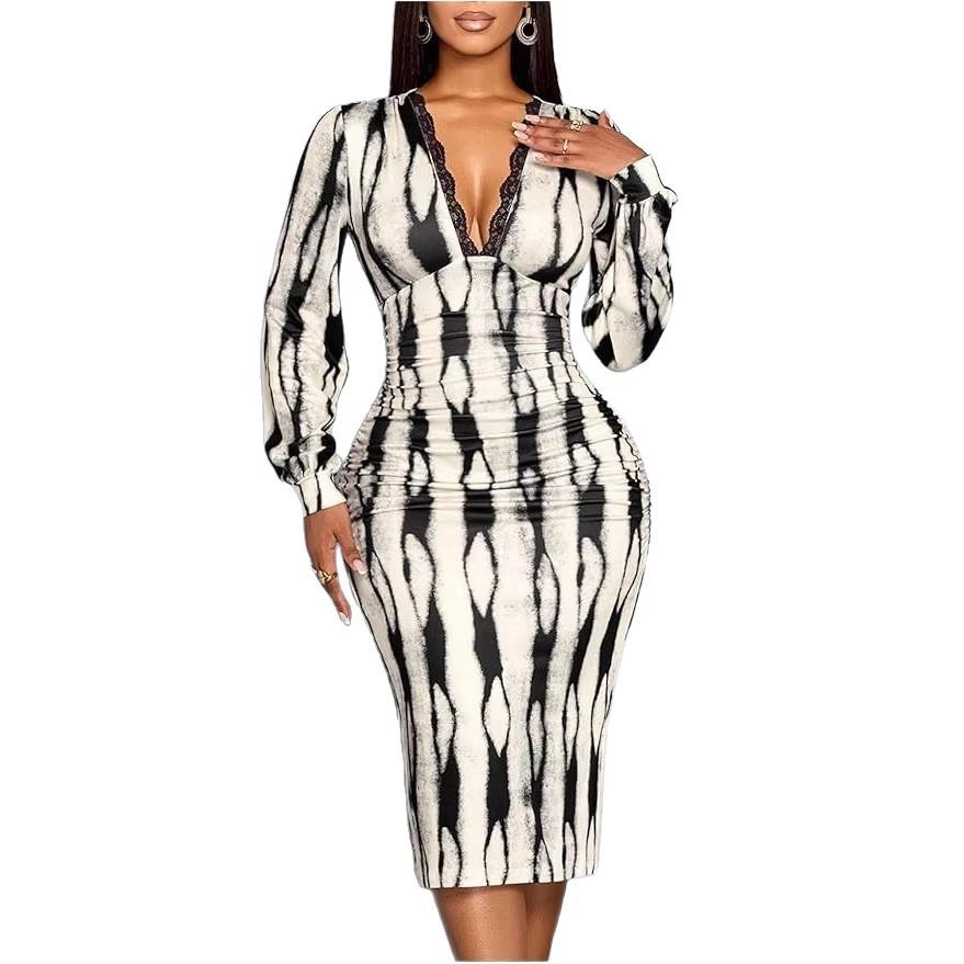 Slim-fit Long-sleeved Lace Decoration V-neck New Dress Women's Clothing
