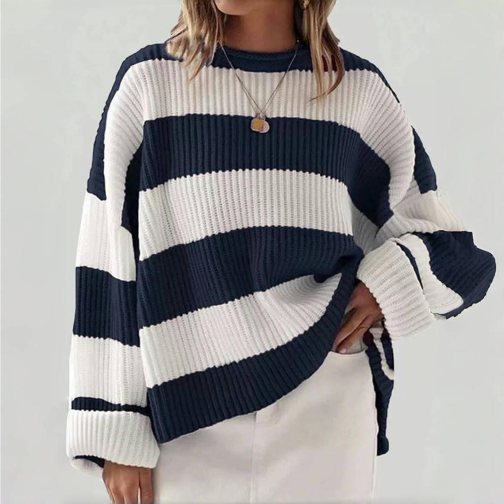 2KWEIRD Rundhals Langarm Gestreifter Pullover für Damen Mode Glockenärmel Locker Gestrickte Pullover Y2k Preppy-Stil