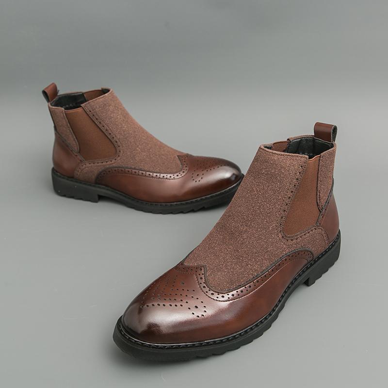 Fashion Designer New Men's Pointed Patchwork Patent Leather Casual Brogues Ankle Boot Male Winter Brown Black High Tops Shoes