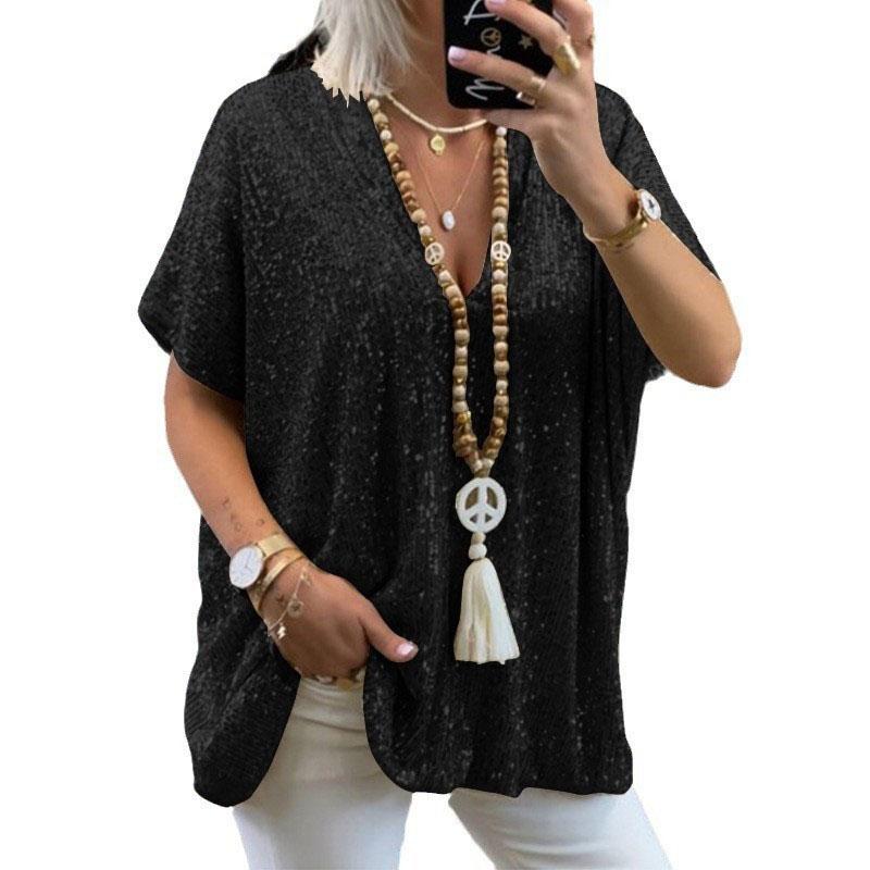 

Модная женская футболка с коротким рукавом и V-образным вырезом, летняя свободная футболка-пуловер, женская 2025 XXL чёрный