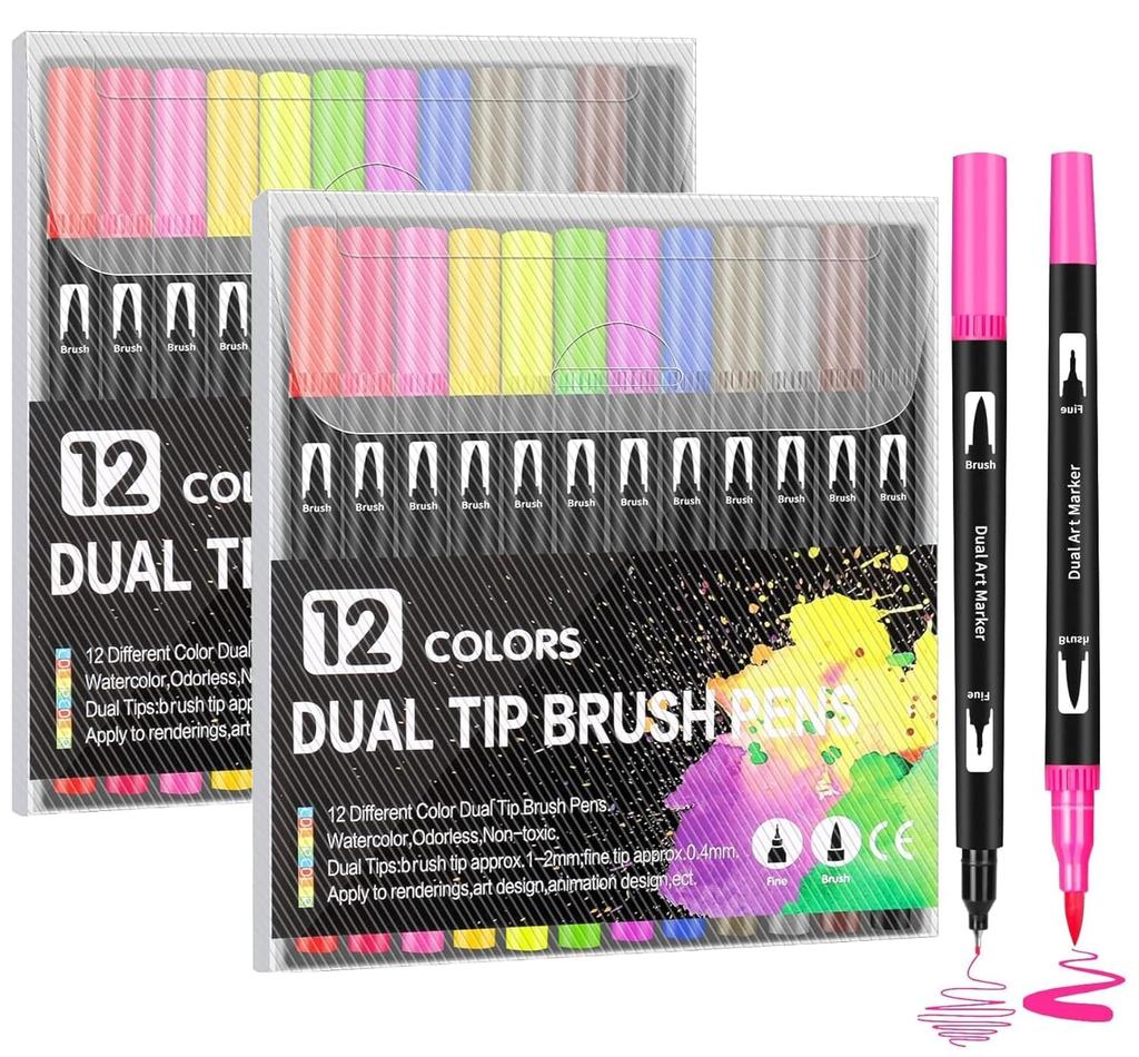Corslet 24 Pcs Dual Tip Brush Pens 12 Shades Sketch Colour Fineliner Calligraphy Brush Pen Set Brush Markers Pen Brush D
