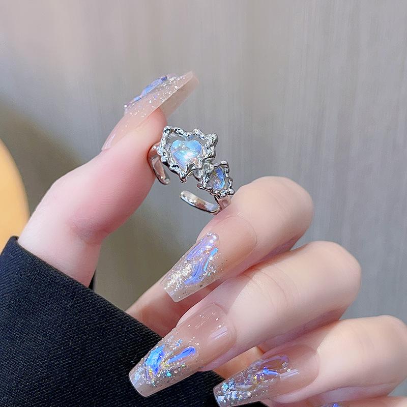 Fashion V Letter Moonstone Diamond Set Open Ring Full Diamond Index Finger Ring Cold Wind Ring