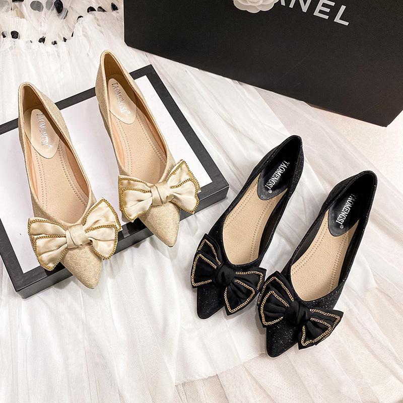 Pantofi simpli cu vârf ascuțit Feminitate Primăvară Nouă seară Vânt Pantofi blânzi Fundă Tot se potrivesc Gură superficială Pantofi cu toc înalt