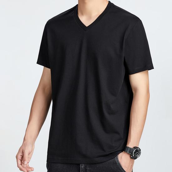 Men Tops Pure Color V-Neck Short Sleeve Tee Shirt Loose Fit Thin Breathable