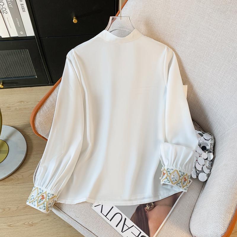 Spring Retro Embroidered Hanfu-Style Stand Collar Long Sleeve Shirt