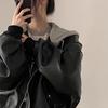 Korean Chic Retro Rivet Hooded Leather Jacket: Versatile Double Pocket, Fake Two-Piece.