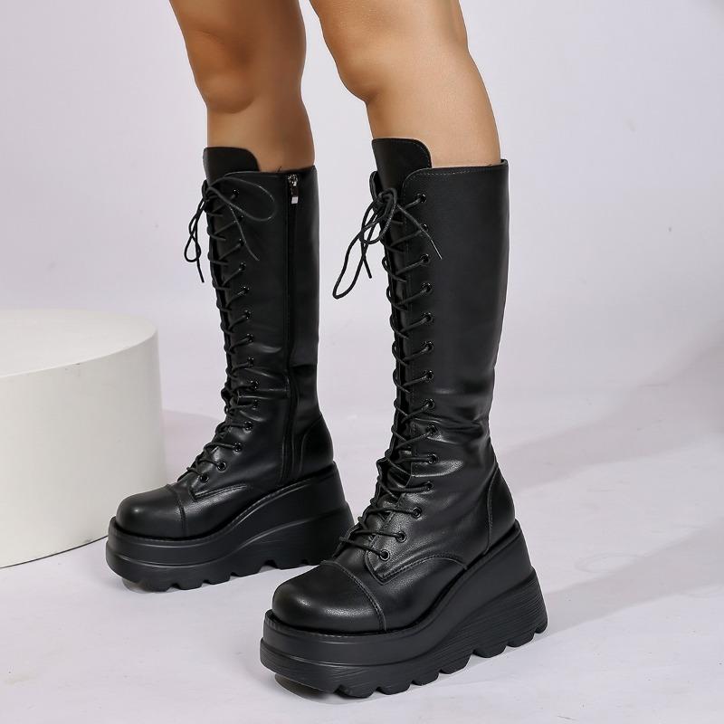 Damen Übergröße 35-43 Stiefel Neu Runde Zehenpartie Keilspitze Schnürung Dicke Sohle Reißverschluss Mid-Tube Stiefel Mädchenstil Hochwertige Schuhe