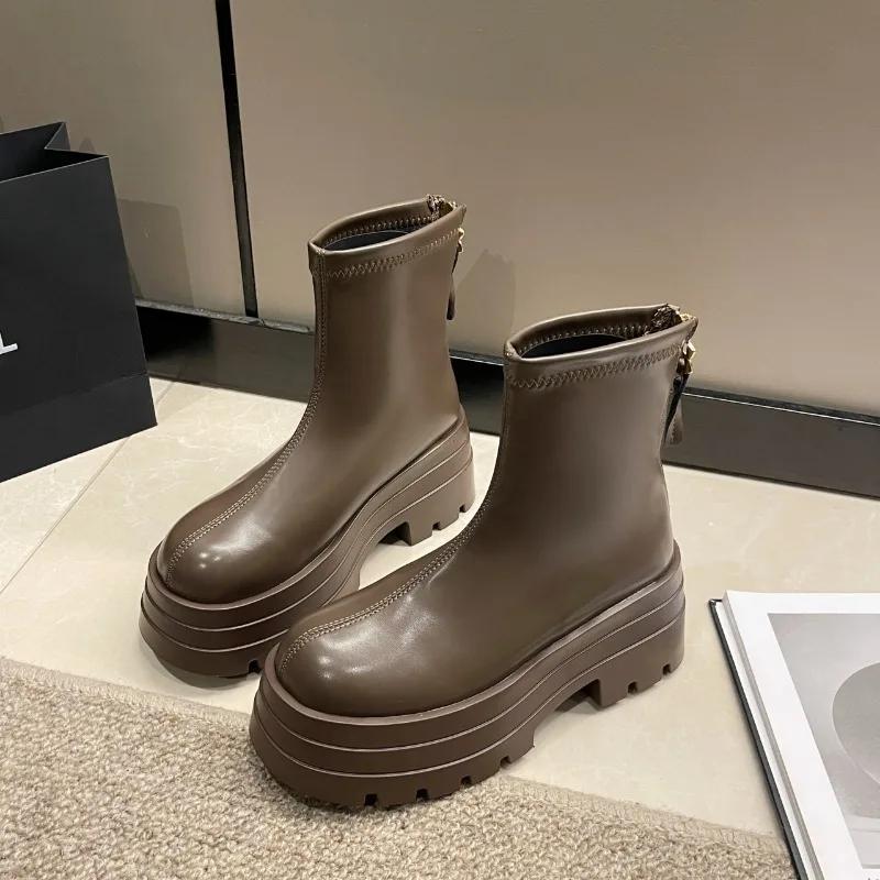 Fashion Retro Leather Platform Boots for Women Fashion Soft Sole Increase Women's Ankle Boots Spring Autumn Designer Casual Shoes Female