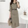 VONDA Elegant Women Casual Turn Down Collar Long Sleeve Long Dress No Belt