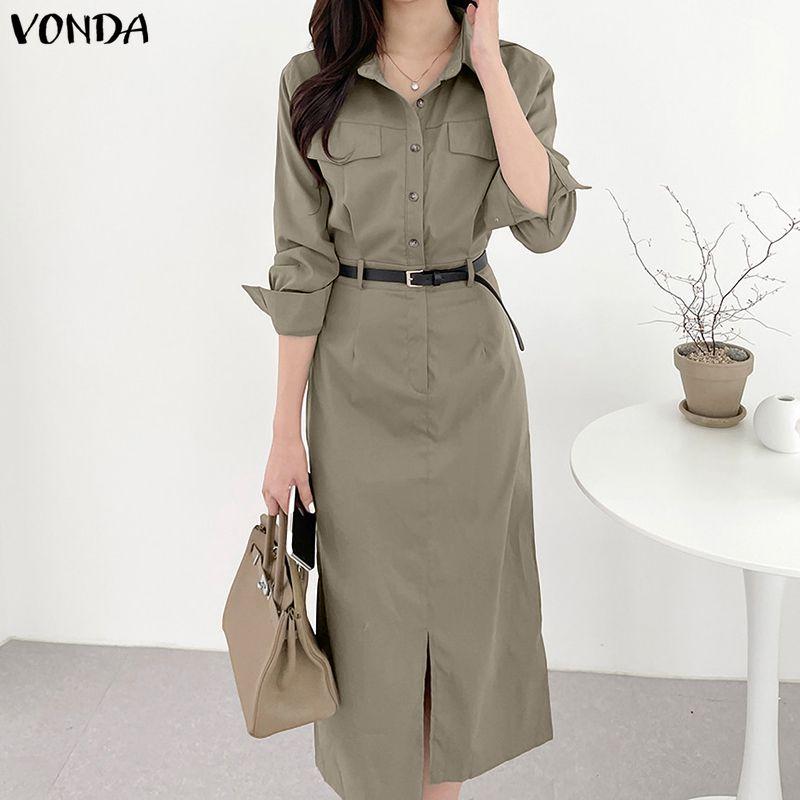 VONDA Elegant Women Casual Turn Down Collar Long Sleeve Long Dress No Belt