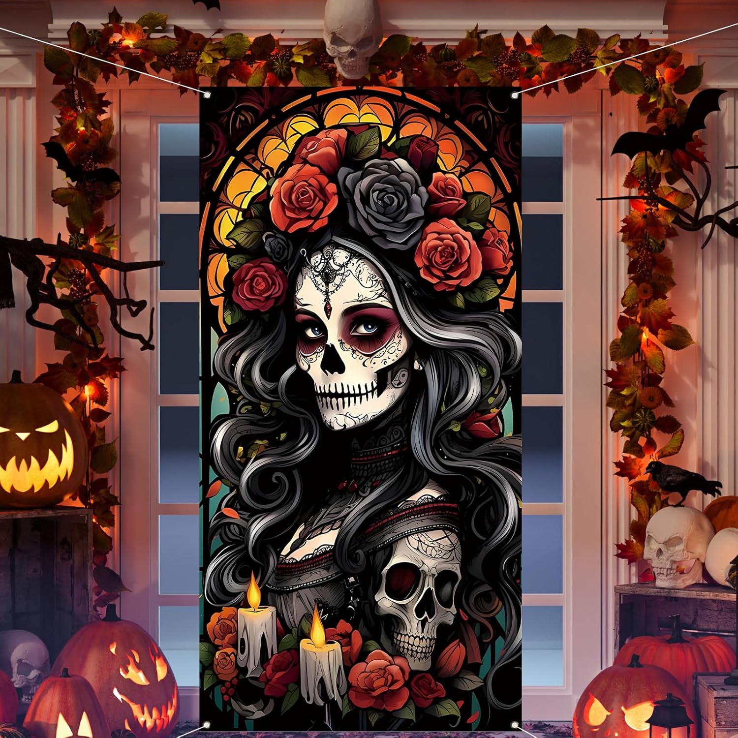 

Day of The Dead Door Cover Dia De Los Muertos Boor Banner Backdrop Sugar Skull Rose Altar Mexican Fiesta Party Decorations 180x90cm