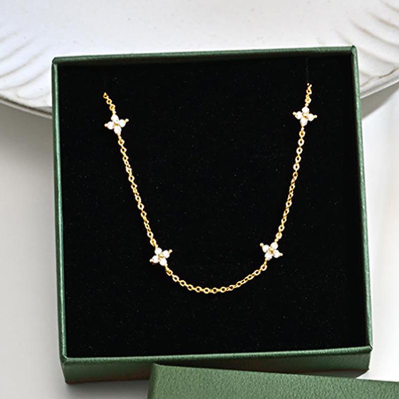 Dainty Lucky Leaf Necklace for Women 925 Silver Trendy 14K Gold Plating Cute White CZ Flowers Pendant Choker Necklaces